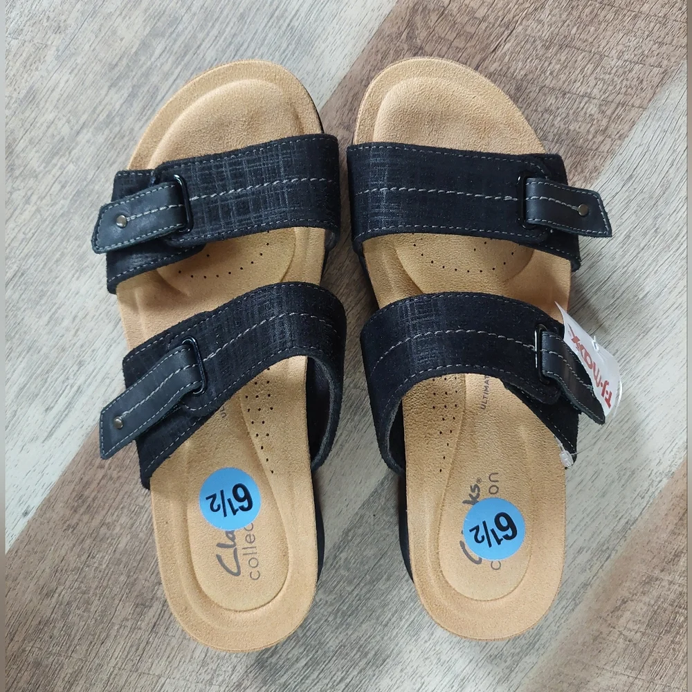 Clarks Collection Shoes Women Black Adjustable Slide Sandals April Dusk Size 6.5